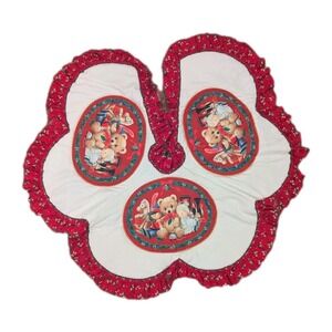 Vintage 80s Handmade Tree Skirt Morehead Inc Teddy Bear Toy Horse Trim Kitschy